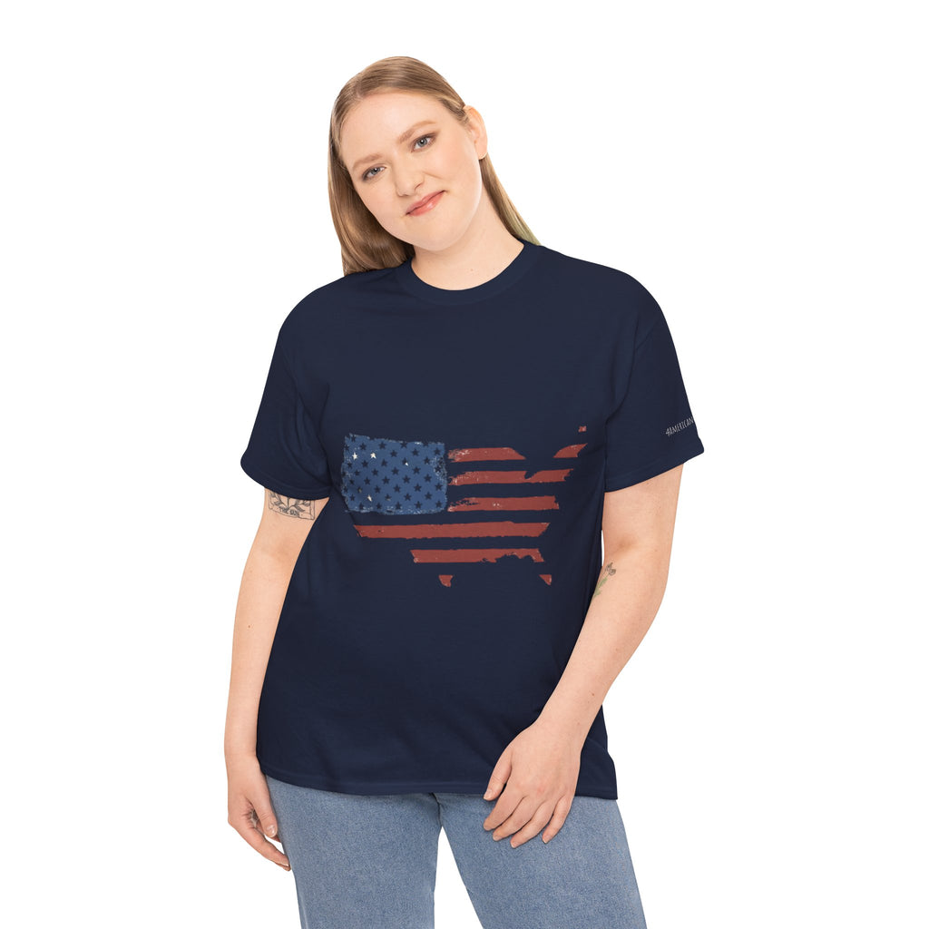 Woman wearing a navy blue t-shirt with an American flag design 