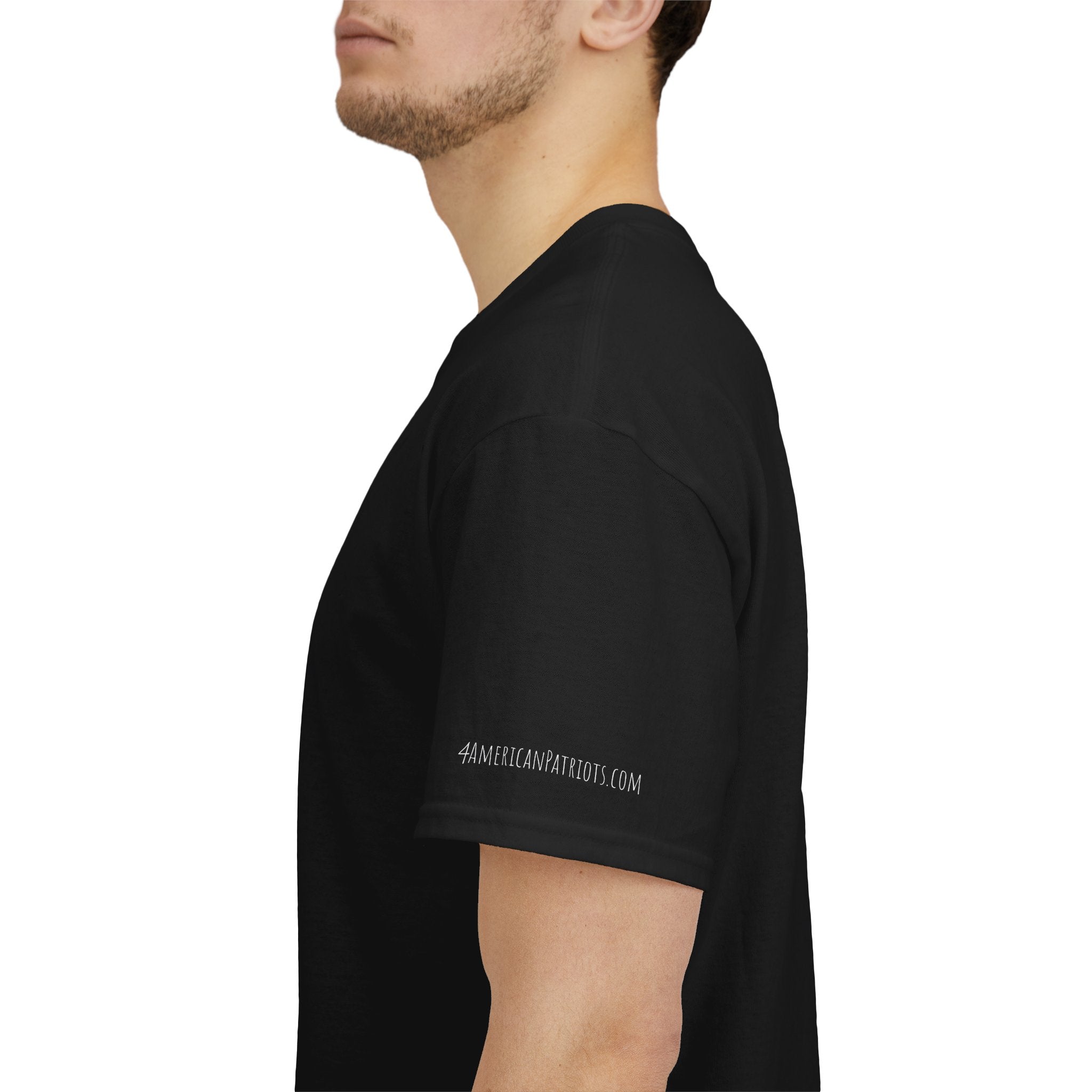 Person wearing a black t-shirt with a logo on the sleeve 