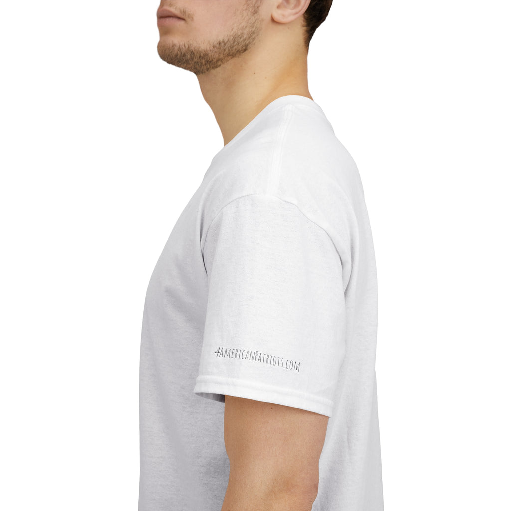 Person wearing a white t-shirt with a brand logo on the sleeve against a white background