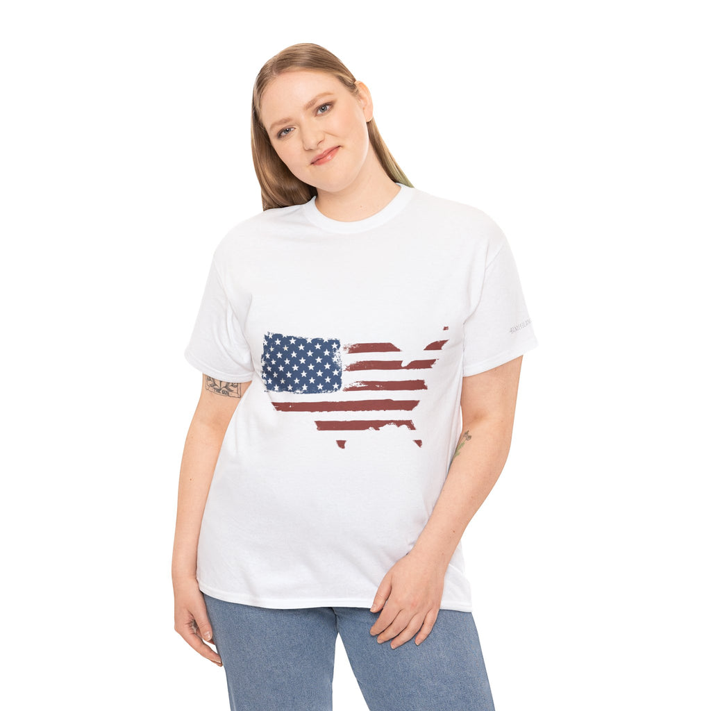 Woman wearing a white t-shirt with an American flag design on a white background