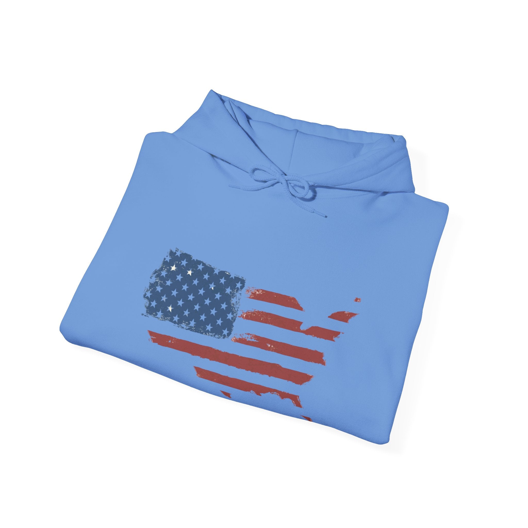 Folded Carolina blue hoodie with American flag design on a white background