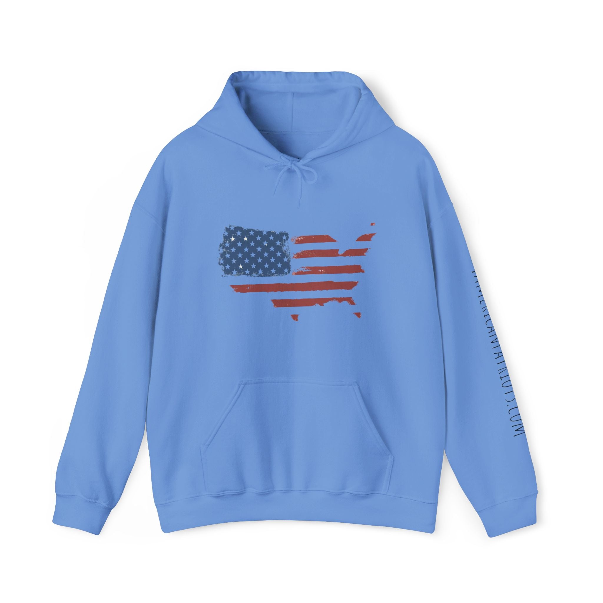 Carolina Blue hoodie with American flag design on a white background