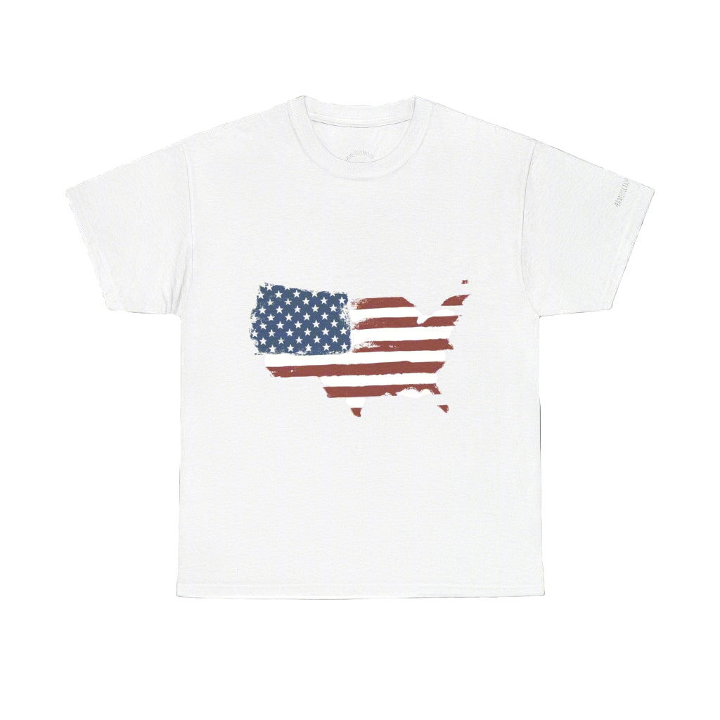 White t-shirt with American flag design on a white background