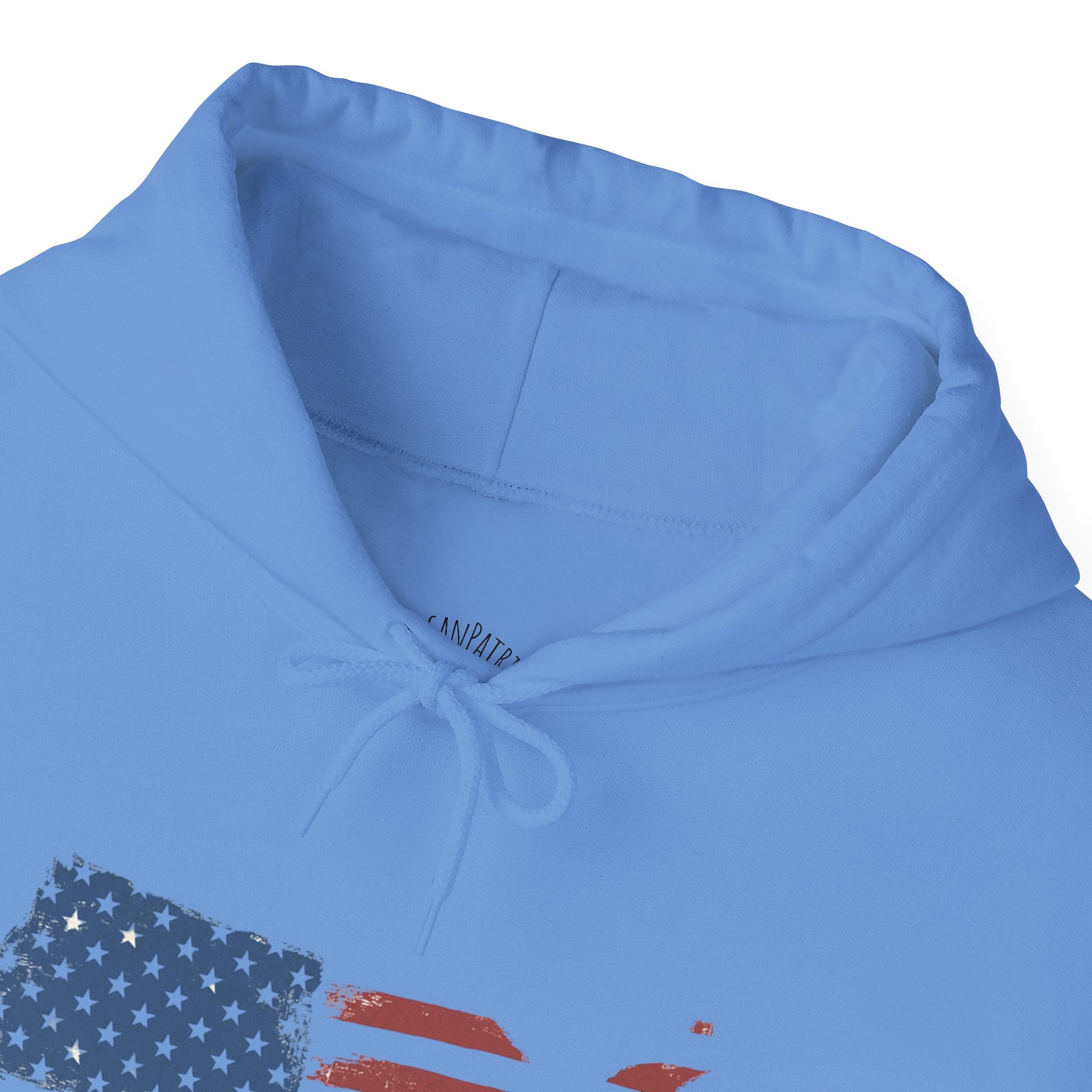 Carolina Blue hoodie with American flag design on a white background