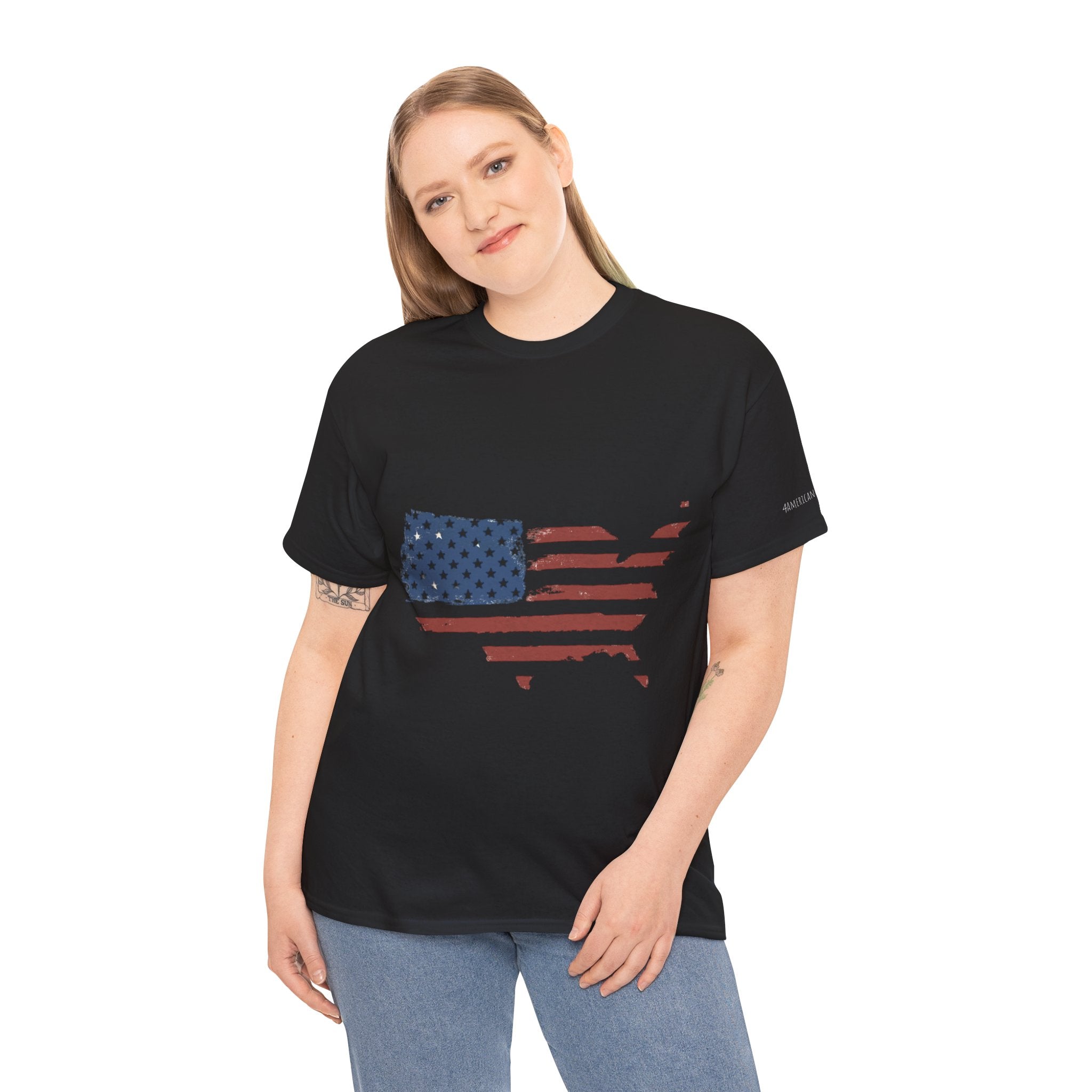 Person wearing a black t-shirt with an American flag design