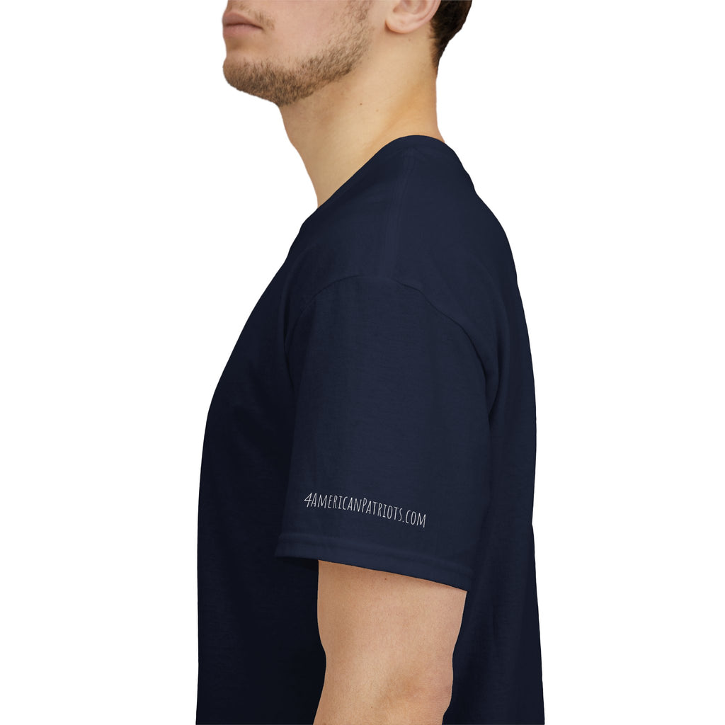 Navy blue t-shirt with a logo on the sleeve worn by a person