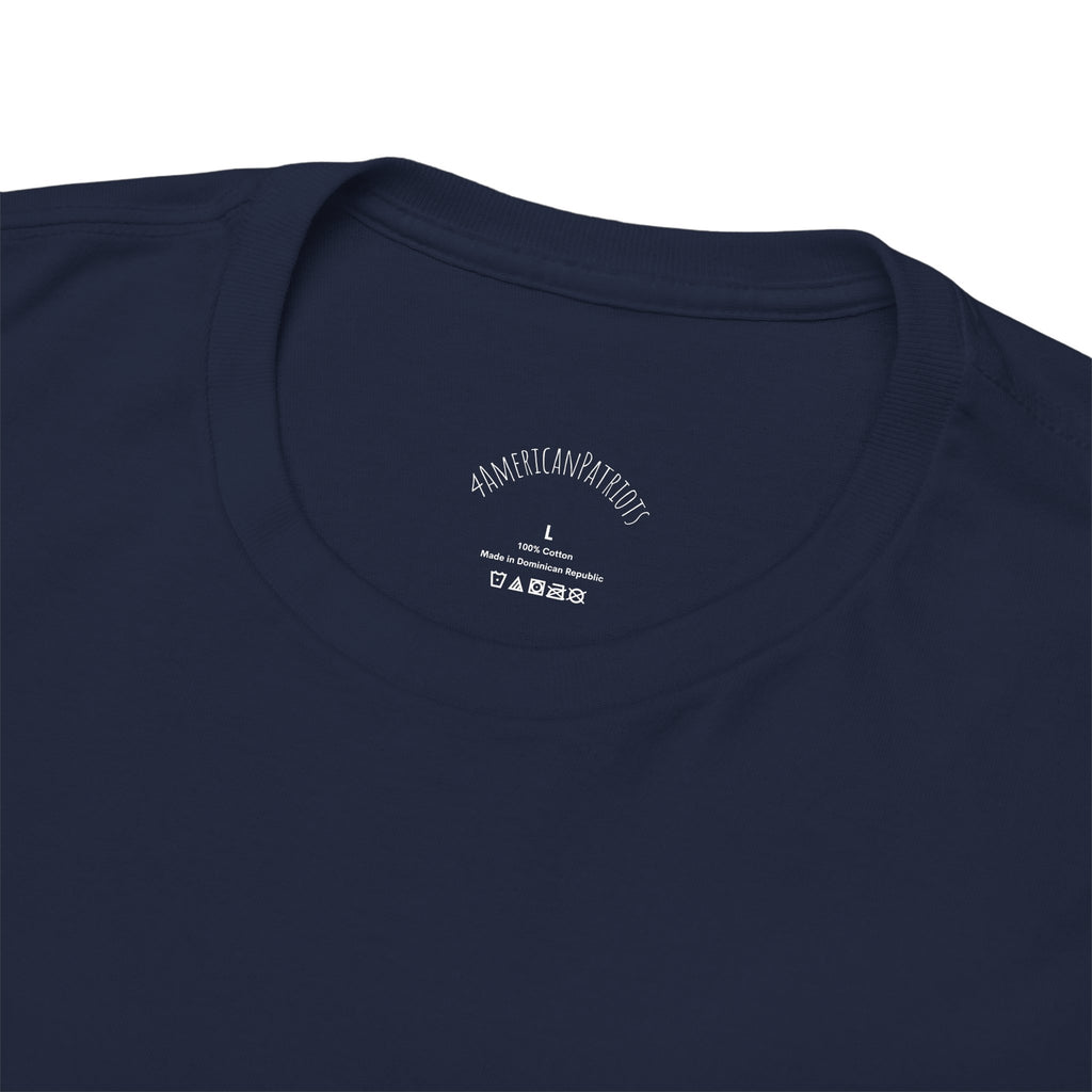 Navy blue t-shirt with a brand label on the collar 