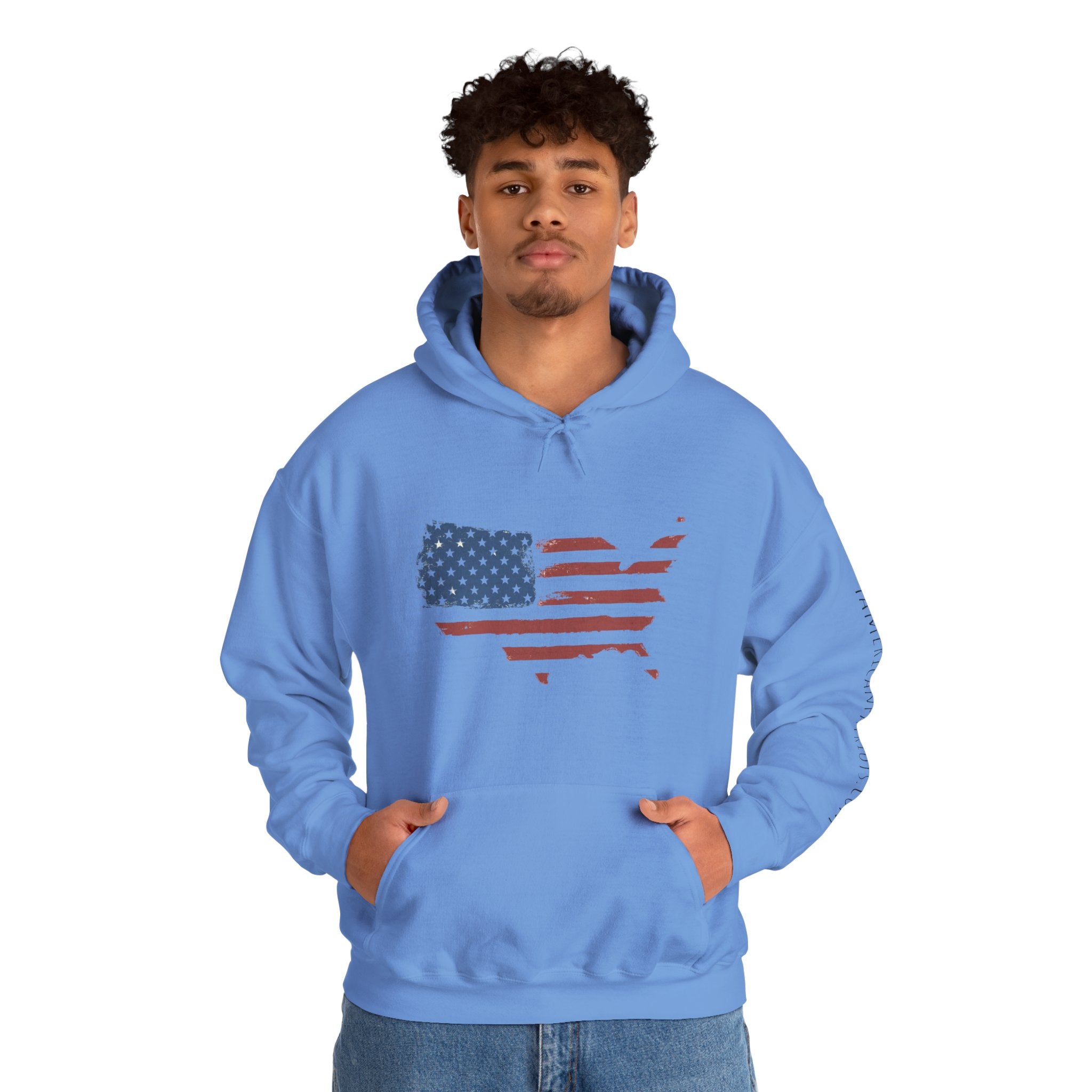 Person wearing a Carolina blue hoodie with an American flag design on a white background